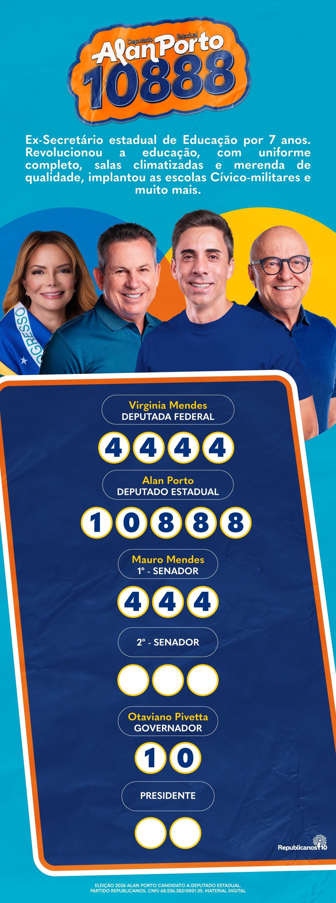 Colinha de votação de Alan Porto, deputado estadual 10888, com Virginia Mendes 4444 para deputada federal, Mauro Mendes 444 para senador e Otaviano Pivetta 10 para governador.